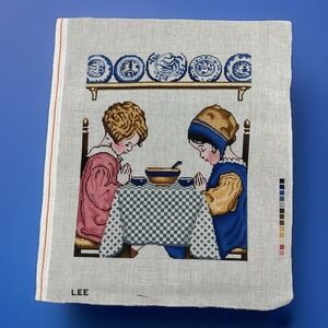 LEE Hand Painted Needlepoint Canvas Give Thanks Dinner Time Praying Girls 18ct